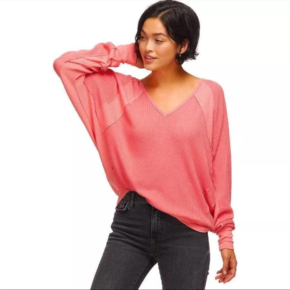 Free People Prairie Rose Pink Santa Clara Thermal Long Sleeve V-Neck Top Size S